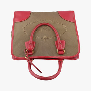 Pre-owned Prada logo jacquard khaki×red Canvas × SAFFIANO Leather shoulderbag | stylenewstar
