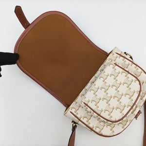 Pre-owned Celine FOLCO Triomphe White×brown PVC coated canvas shoulderbag | stylenewstar