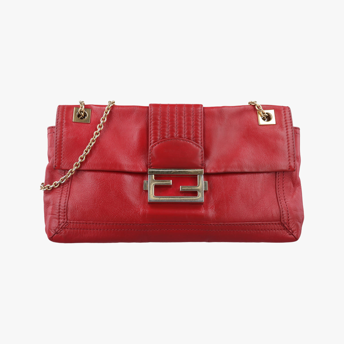 Pre-owned Fendi Baguette Chain Flap Red Leather 8BT129 shoulderbag | stylenewstar