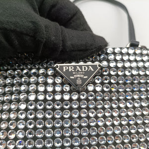 Pre-owned Prada Rosa Satin Crystal Mini Tote Black x Silver Rhinestone 1BA253 shoulderbag | stylenewstar