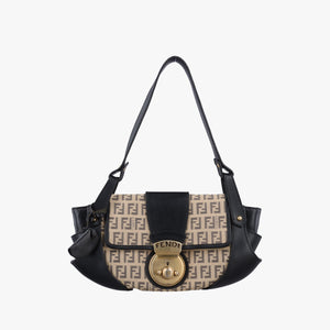 Pre-owned Fendi Zucchino Borsa Black×Beige canvas×leather 8BR429 handbag | stylenewstar