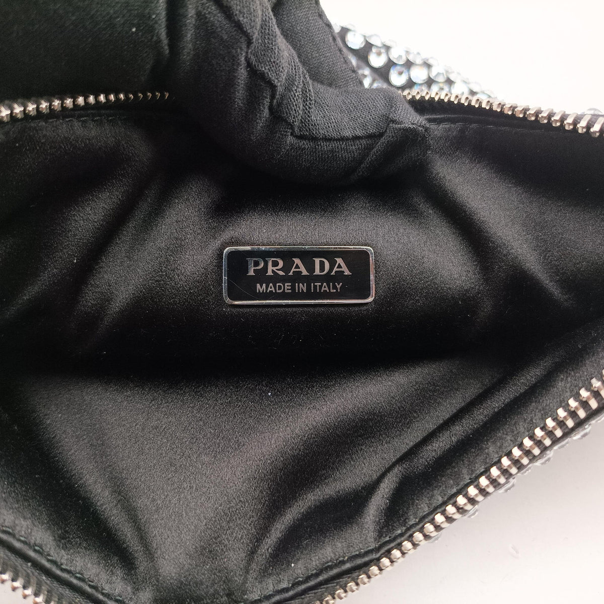 Secondhand Prada Triangle Crystal Black Satin 1BC190 shoulderbag | stylenewstar