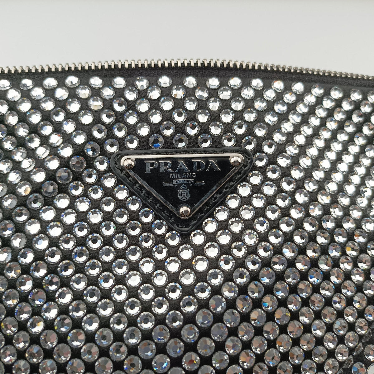 Secondhand Prada Triangle Crystal Black Satin 1BC190 shoulderbag | stylenewstar