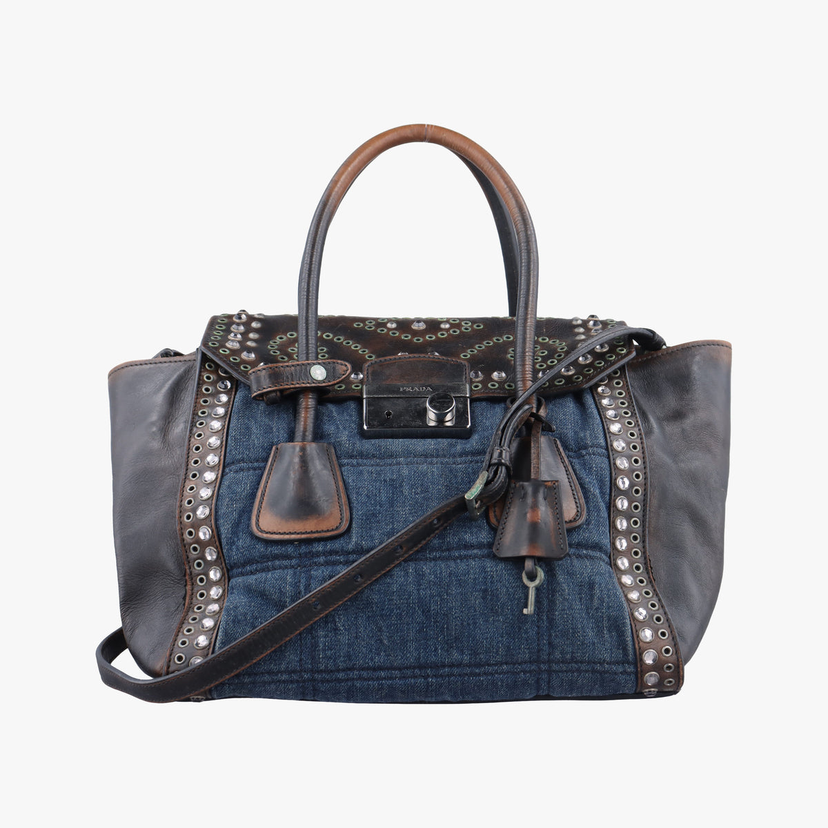 Pre-owned Prada Vintage Studded Twin Pocket Tote Blue x Brown Leather x Denim  shoulderbag | stylenewstar