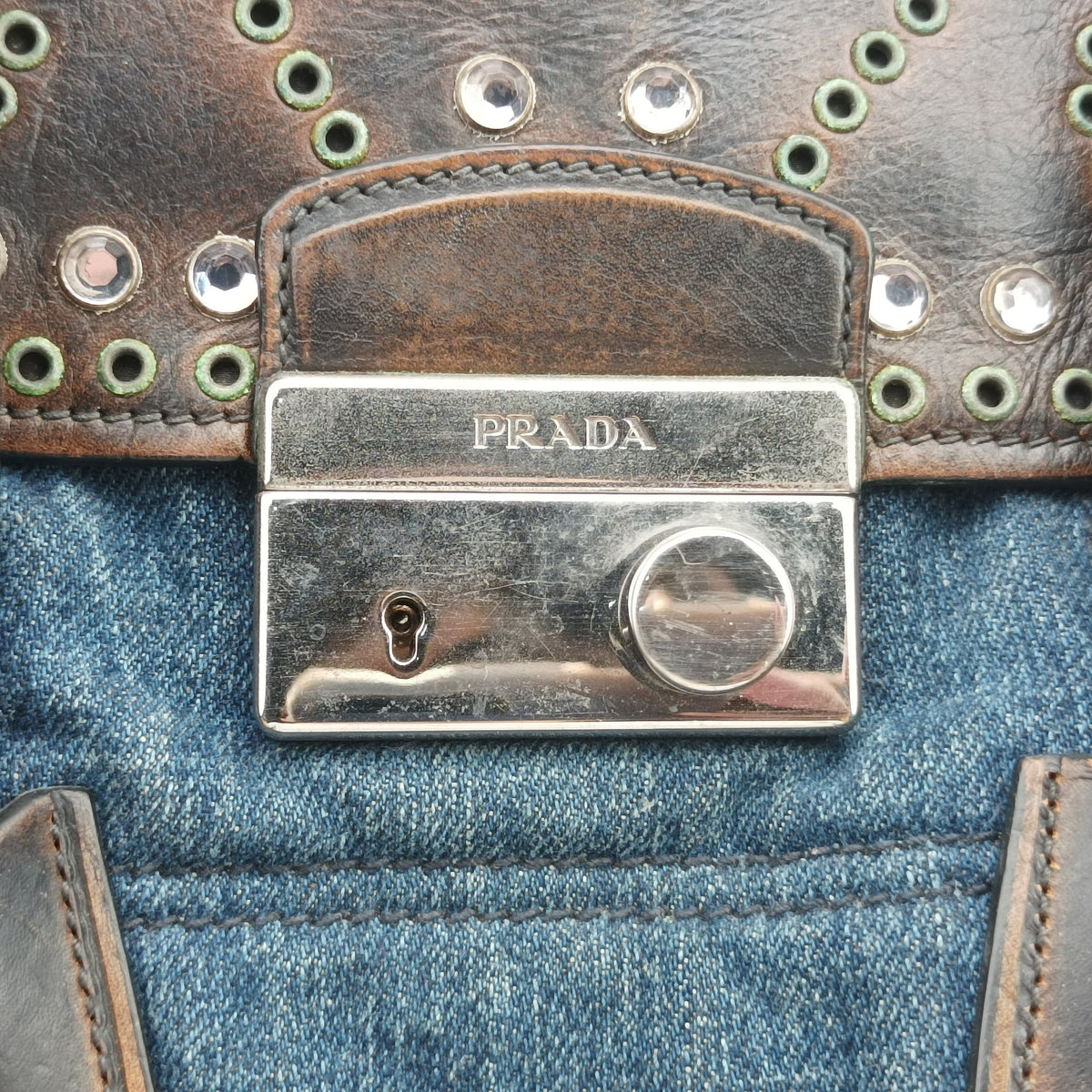 Pre-owned Prada Vintage Studded Twin Pocket Tote Blue x Brown Leather x Denim  shoulderbag | stylenewstar