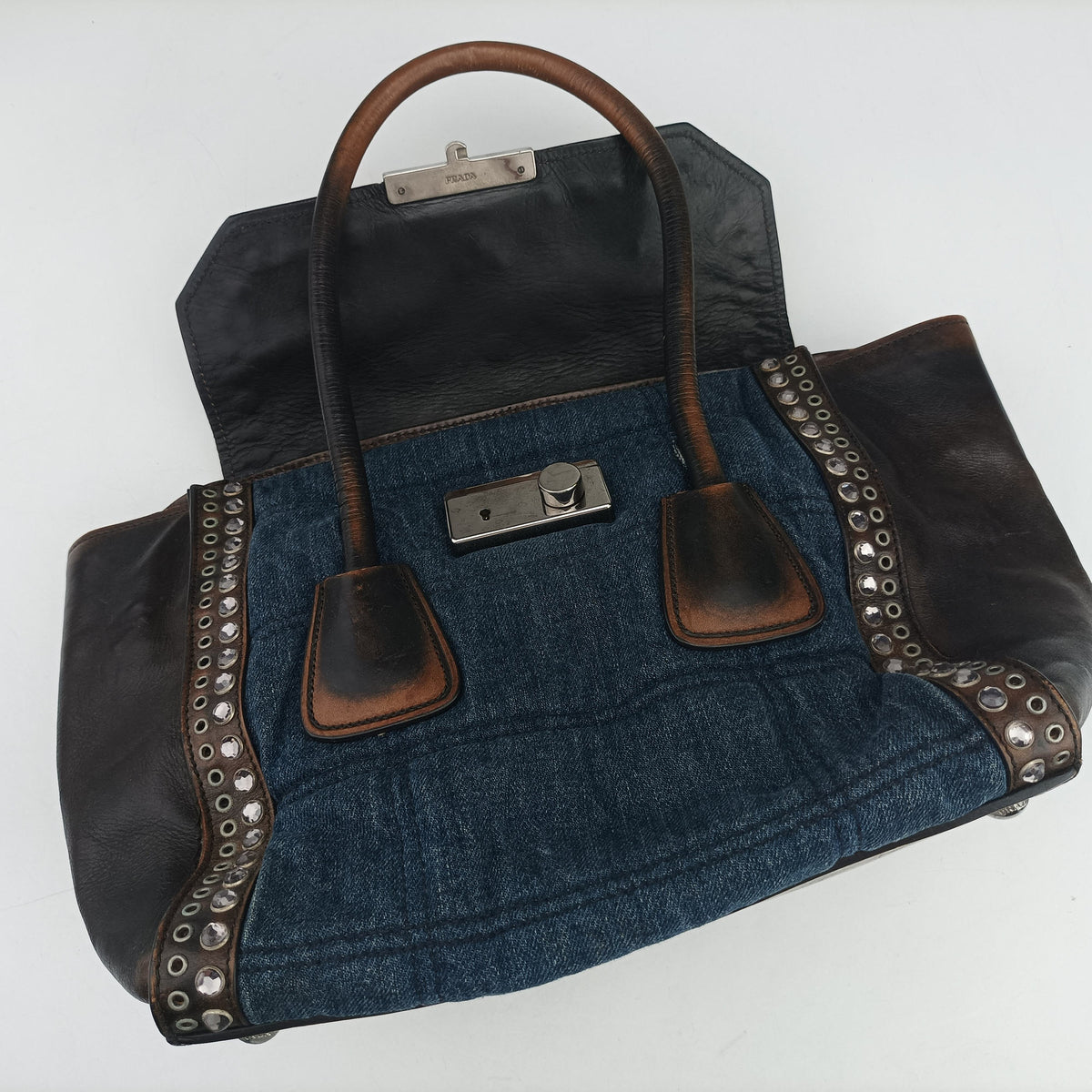 Pre-owned Prada Vintage Studded Twin Pocket Tote Blue x Brown Leather x Denim  shoulderbag | stylenewstar