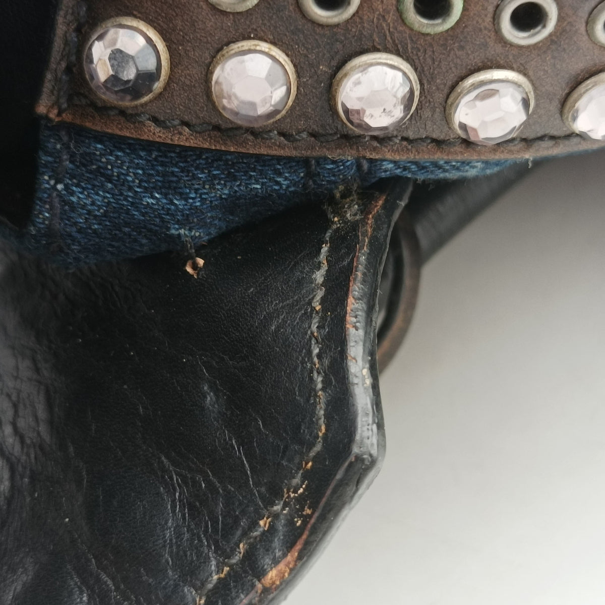 Pre-owned Prada Vintage Studded Twin Pocket Tote Blue x Brown Leather x Denim  shoulderbag | stylenewstar