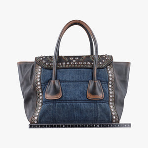 Pre-owned Prada Vintage Studded Twin Pocket Tote Blue x Brown Leather x Denim  shoulderbag | stylenewstar