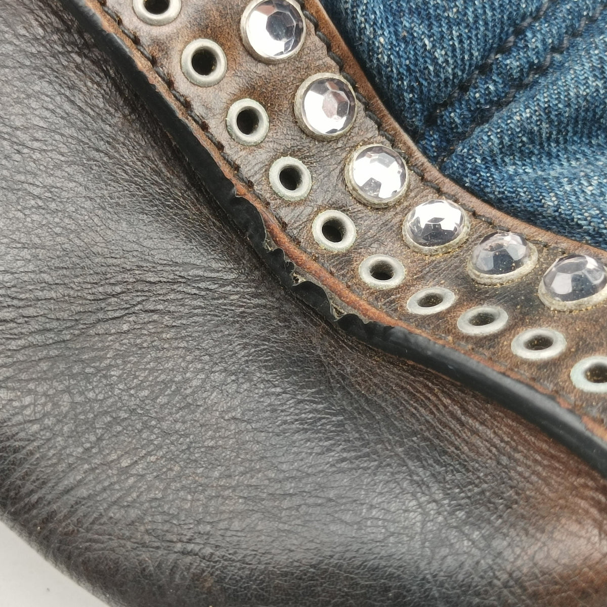 Pre-owned Prada Vintage Studded Twin Pocket Tote Blue x Brown Leather x Denim  shoulderbag | stylenewstar