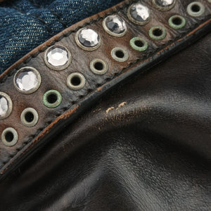 Pre-owned Prada Vintage Studded Twin Pocket Tote Blue x Brown Leather x Denim  shoulderbag | stylenewstar