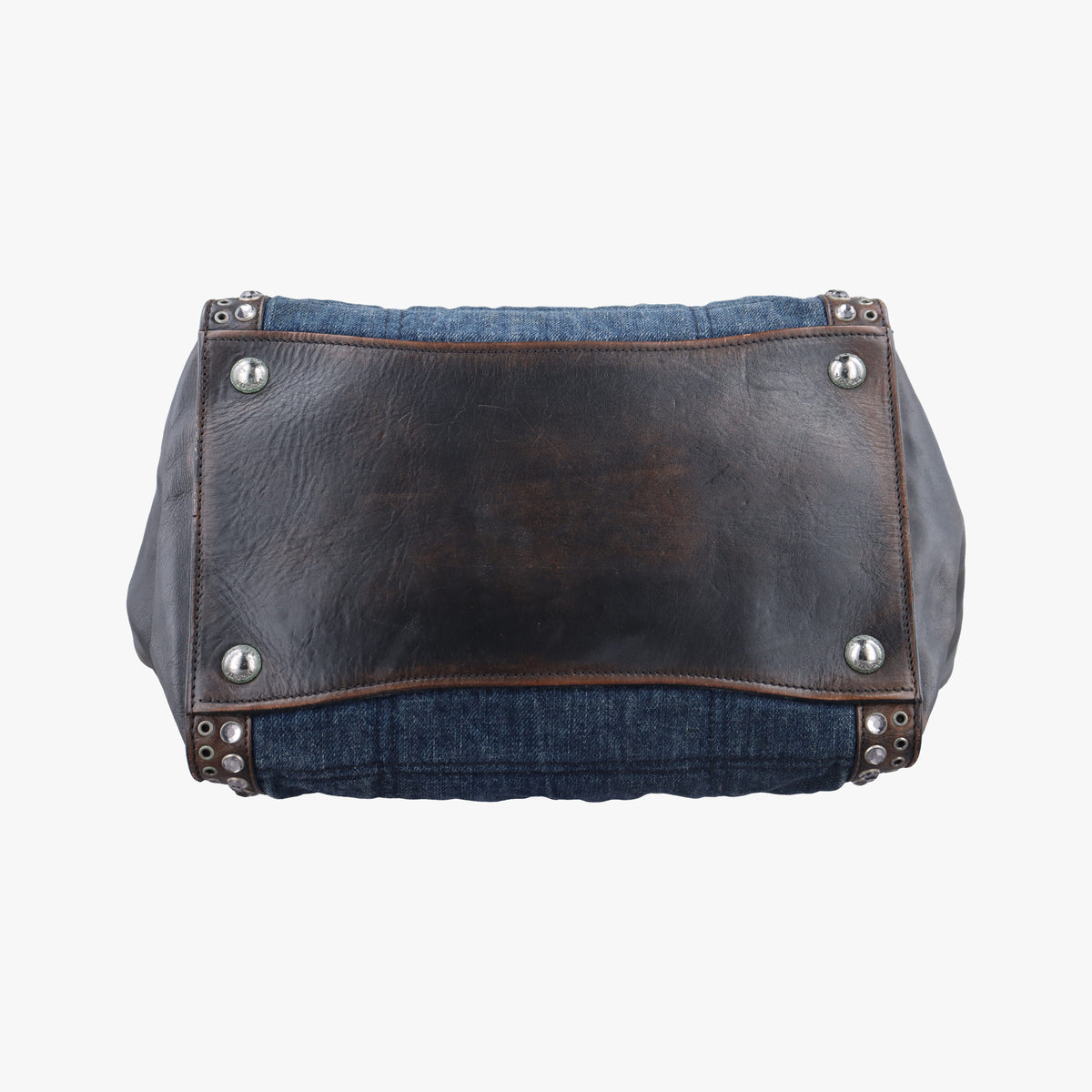 Pre-owned Prada Vintage Studded Twin Pocket Tote Blue x Brown Leather x Denim  shoulderbag | stylenewstar