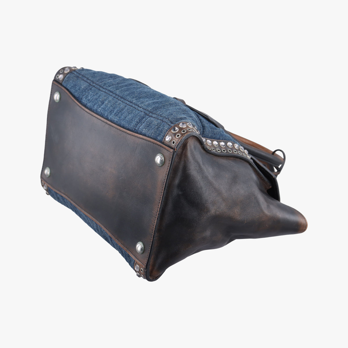 Pre-owned Prada Vintage Studded Twin Pocket Tote Blue x Brown Leather x Denim  shoulderbag | stylenewstar