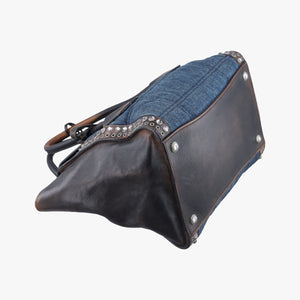 Pre-owned Prada Vintage Studded Twin Pocket Tote Blue x Brown Leather x Denim  shoulderbag | stylenewstar