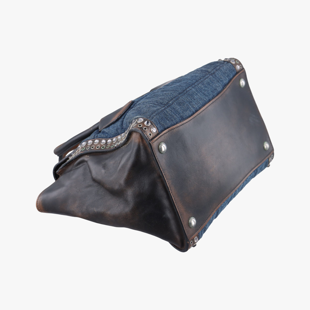 Pre-owned Prada Vintage Studded Twin Pocket Tote Blue x Brown Leather x Denim  shoulderbag | stylenewstar