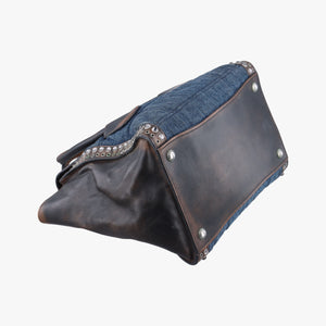 Pre-owned Prada Vintage Studded Twin Pocket Tote Blue x Brown Leather x Denim  shoulderbag | stylenewstar