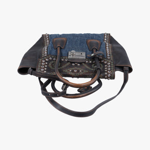 Pre-owned Prada Vintage Studded Twin Pocket Tote Blue x Brown Leather x Denim  shoulderbag | stylenewstar