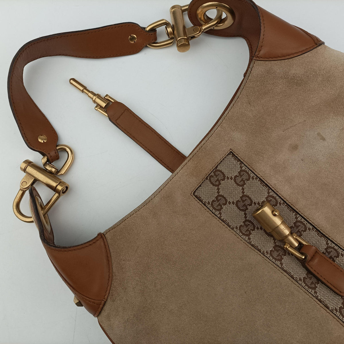 Pre-owned Gucci New Jackie Beige x Brown Suede×leather 120888 shoulderbag | stylenewstar