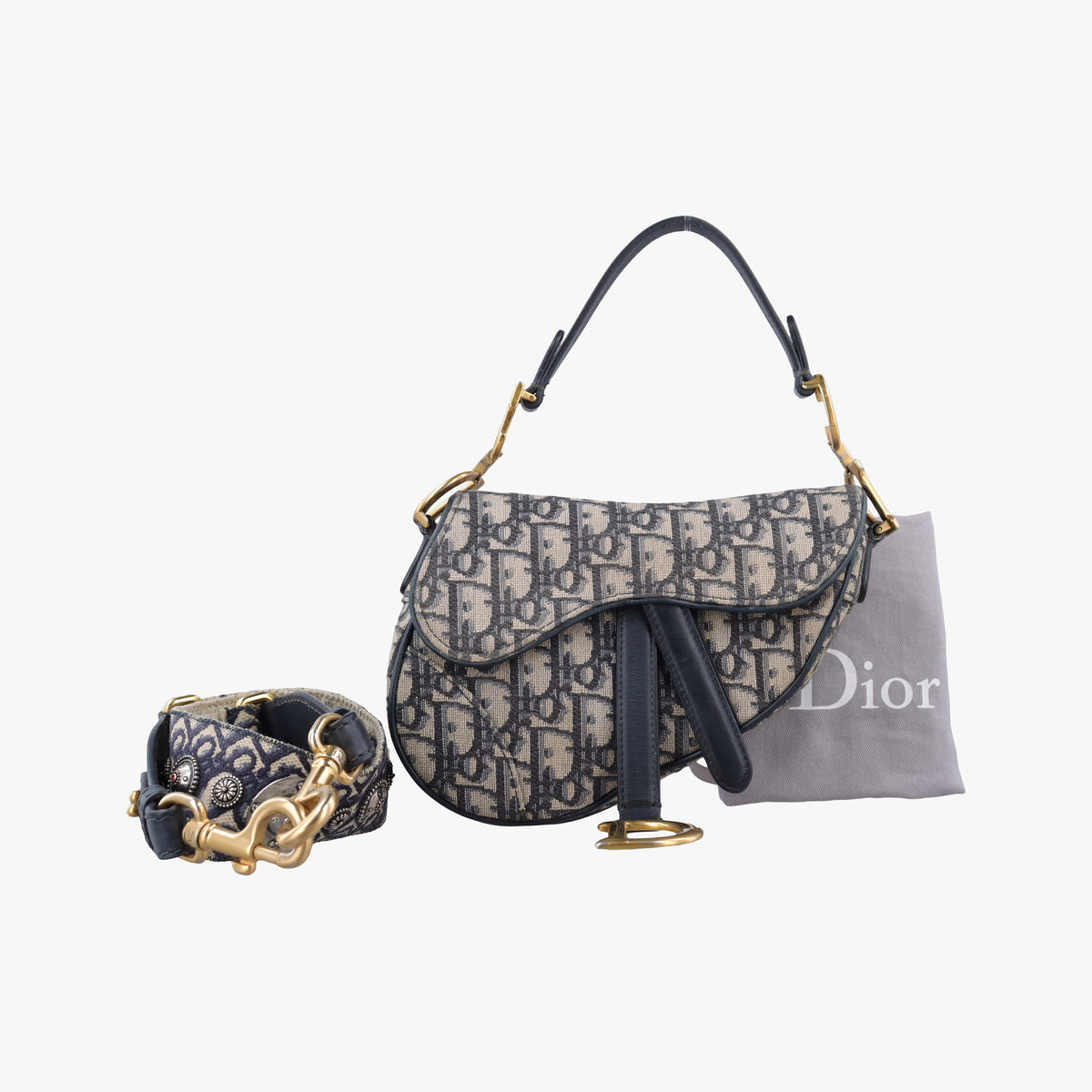 Pre-owned Christian Dior Saddle Navy Jacquard × Leather  shoulderbag | stylenewstar