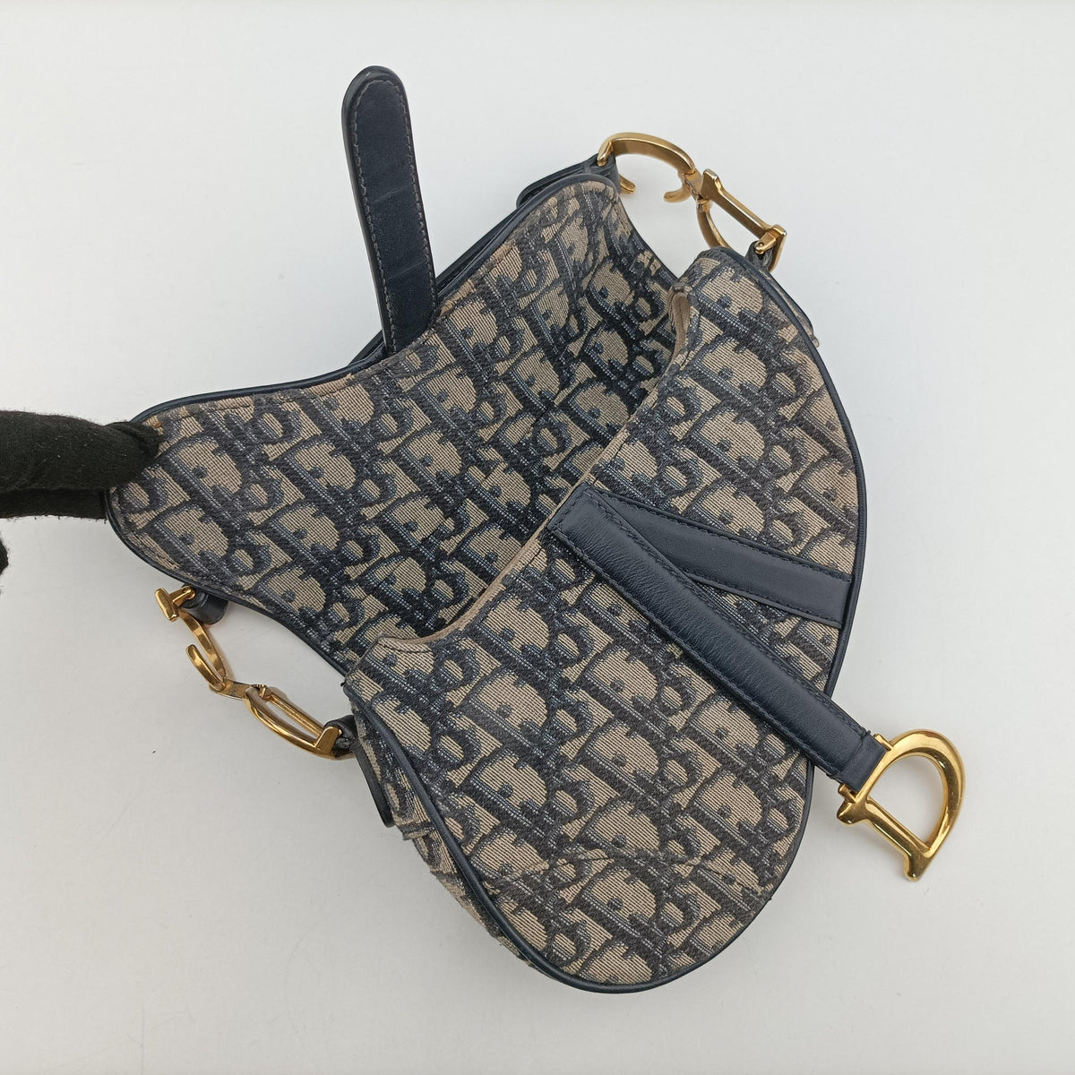 Pre-owned Christian Dior Saddle Navy Jacquard × Leather  shoulderbag | stylenewstar