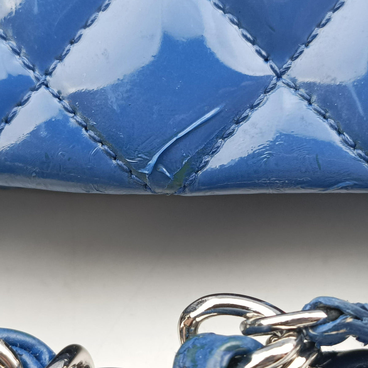Pre-owned Chanel Mademoiselle Bowling Blue Patent A50556 shoulderbag | stylenewstar