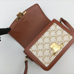 Pre-owned Celine Teen Triomphe White×brown PVC coated canvas  shoulderbag | stylenewstar