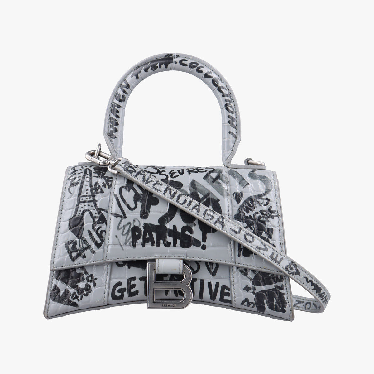 Pre-owned Balenciaga Hourglass Graffiti Gray×Black Leather  shoulderbag | stylenewstar