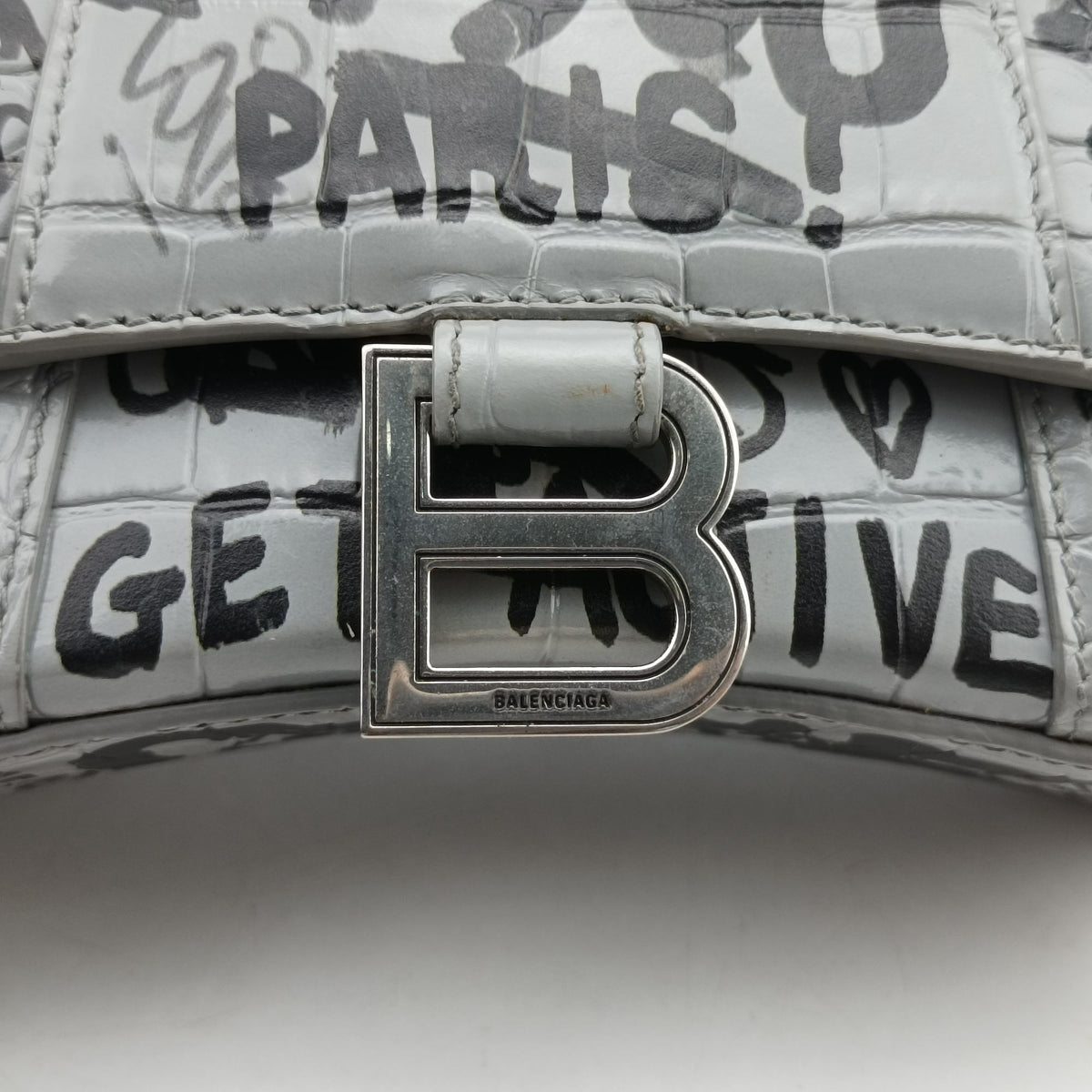 Pre-owned Balenciaga Hourglass Graffiti Gray×Black Leather  shoulderbag | stylenewstar