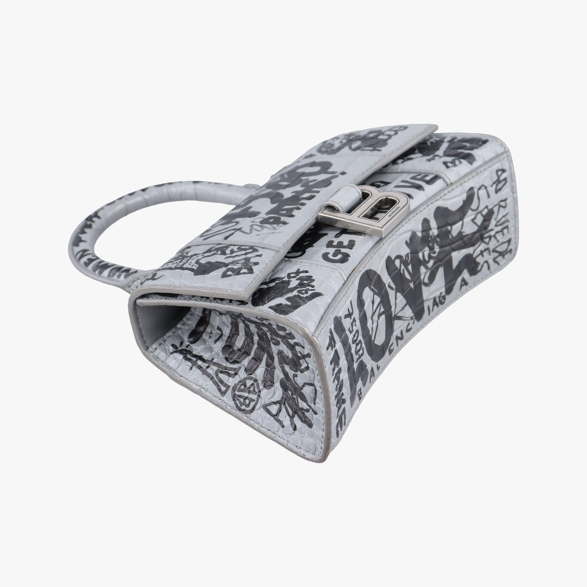 Pre-owned Balenciaga Hourglass Graffiti Gray×Black Leather  shoulderbag | stylenewstar
