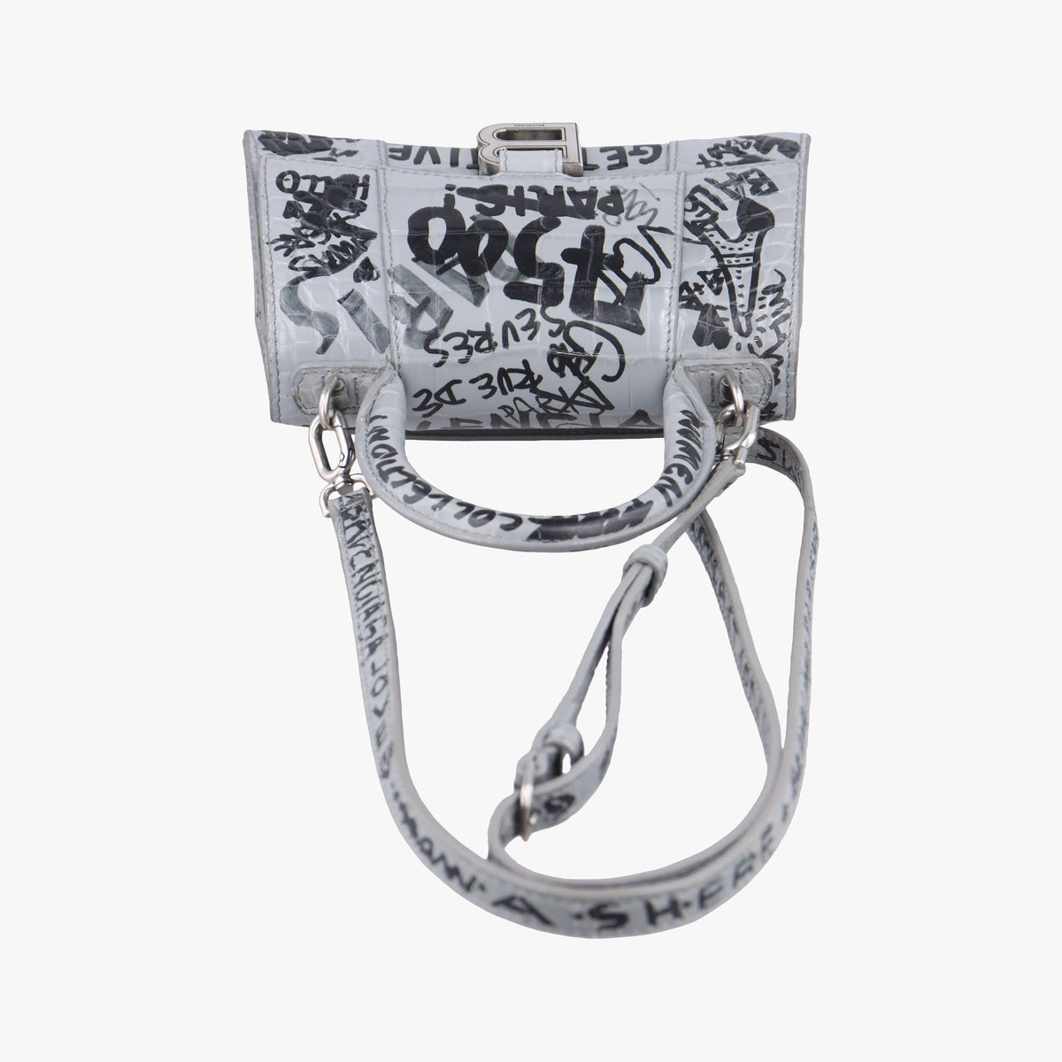 Pre-owned Balenciaga Hourglass Graffiti Gray×Black Leather  shoulderbag | stylenewstar