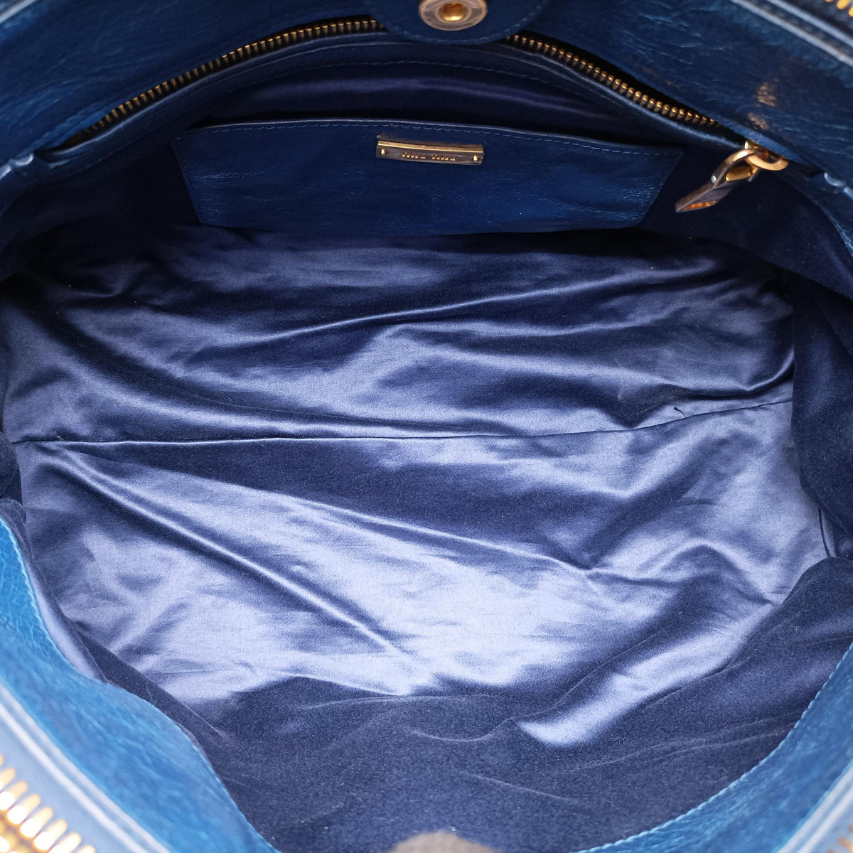 Secondhand Miu Miu Vitello Shine Shopping Blue Leather  shoulderbag | stylenewstar