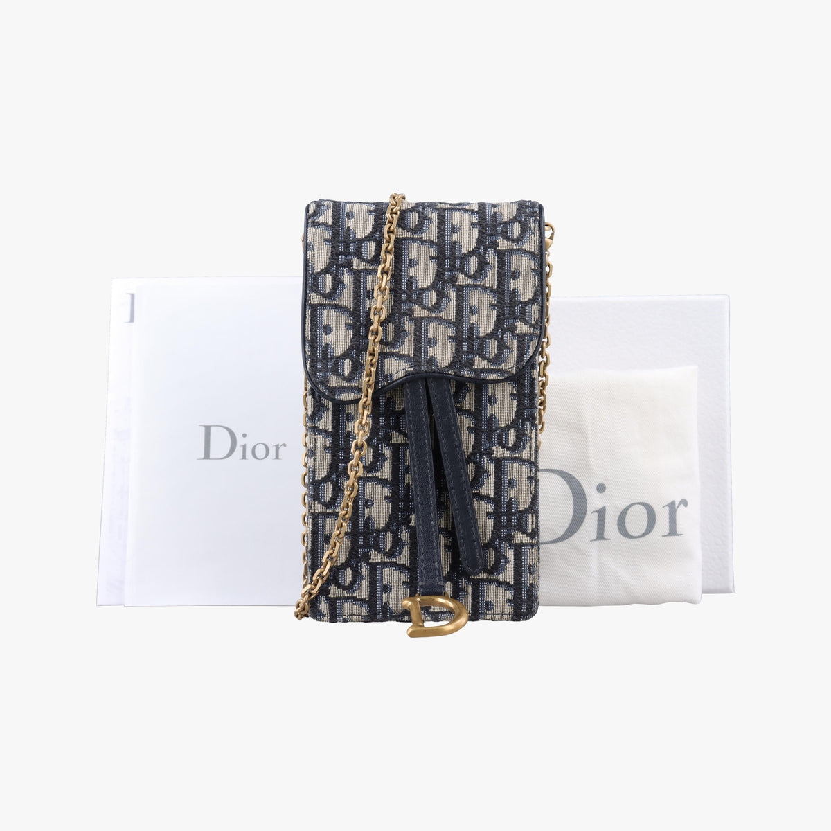 Secondhand Christian Dior Saddle Phone holder Navy jacquard×Leather  shoulderbag | stylenewstar