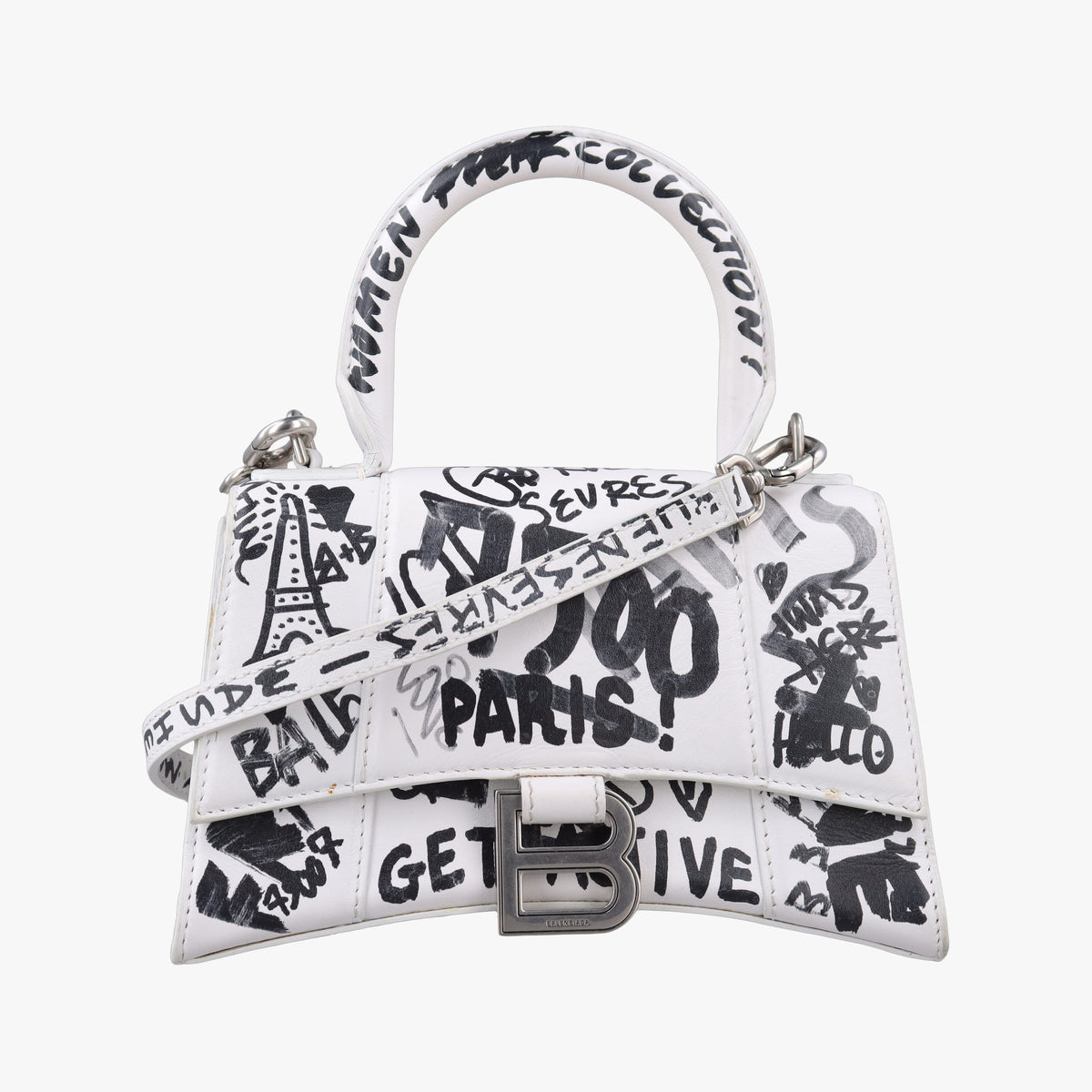 Pre-owned Balenciaga Hourglass Graffiti White×Black Leather  shoulderbag | stylenewstar
