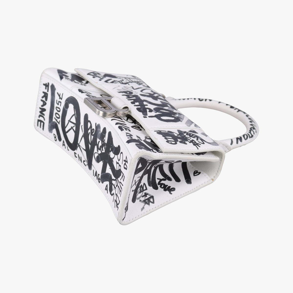 Pre-owned Balenciaga Hourglass Graffiti White×Black Leather  shoulderbag | stylenewstar