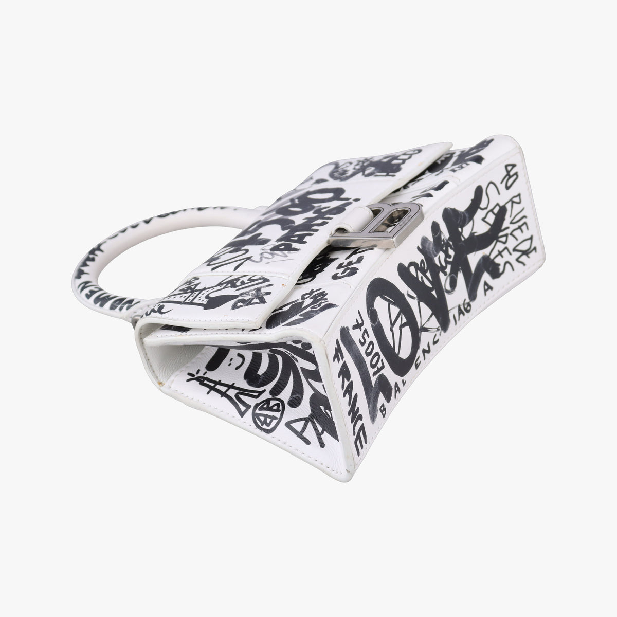 Pre-owned Balenciaga Hourglass Graffiti White×Black Leather  shoulderbag | stylenewstar