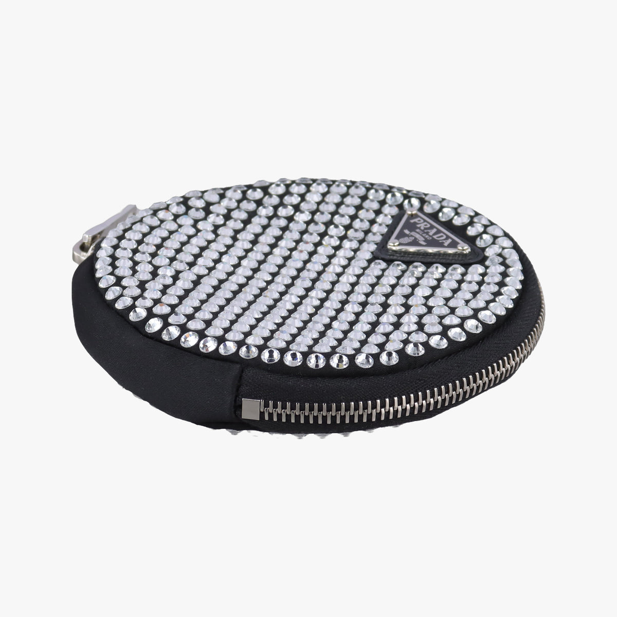 Pre-owned Prada crystal-embellished round Black Rhinestone 1NR003 shoulderbag | stylenewstar