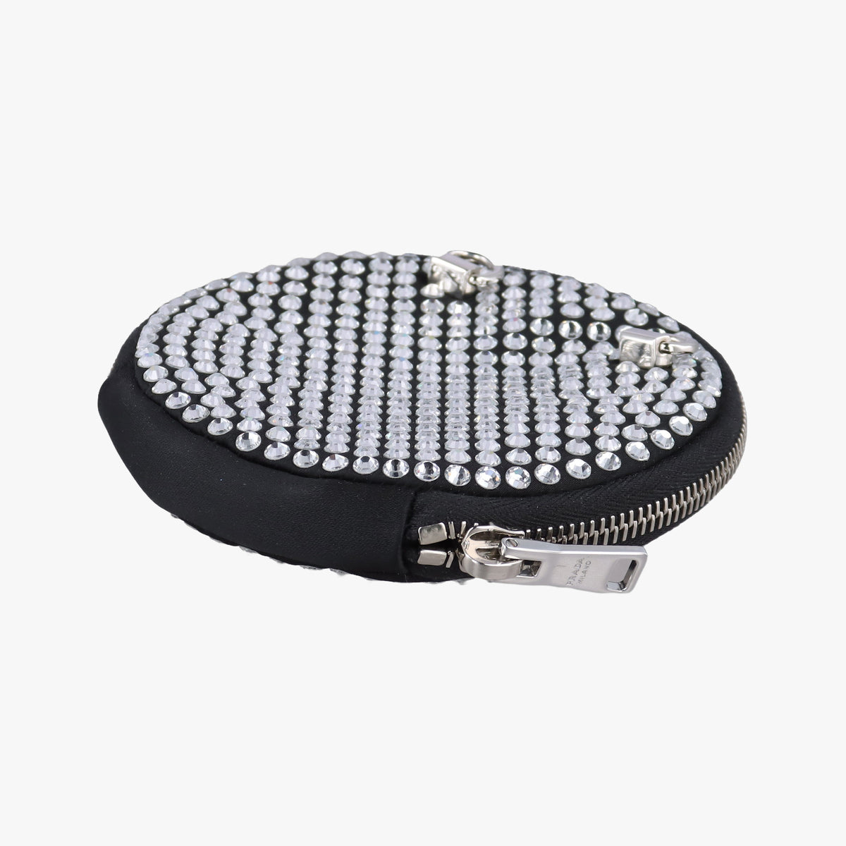 Pre-owned Prada crystal-embellished round Black Rhinestone 1NR003 shoulderbag | stylenewstar