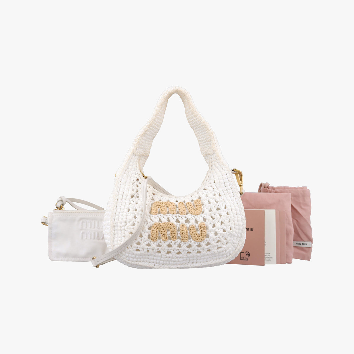 Pre-owned Miu Miu Wonder Crochet Hobo White Raffia×Leather 5BC125 handbag | stylenewstar