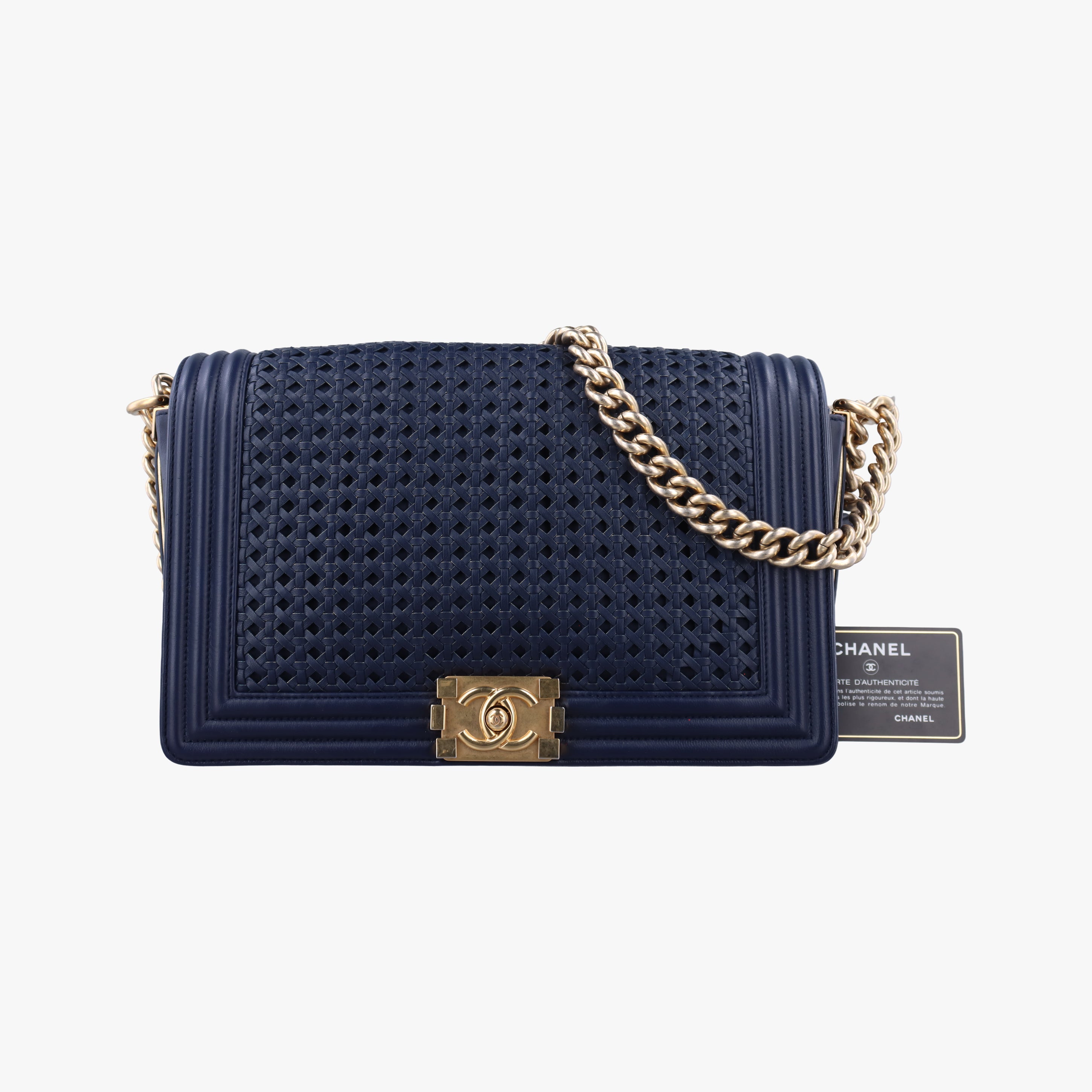 Vintage Chanel BOY CHANEL Navy Leather A90183 shoulderbag | stylenewstar
