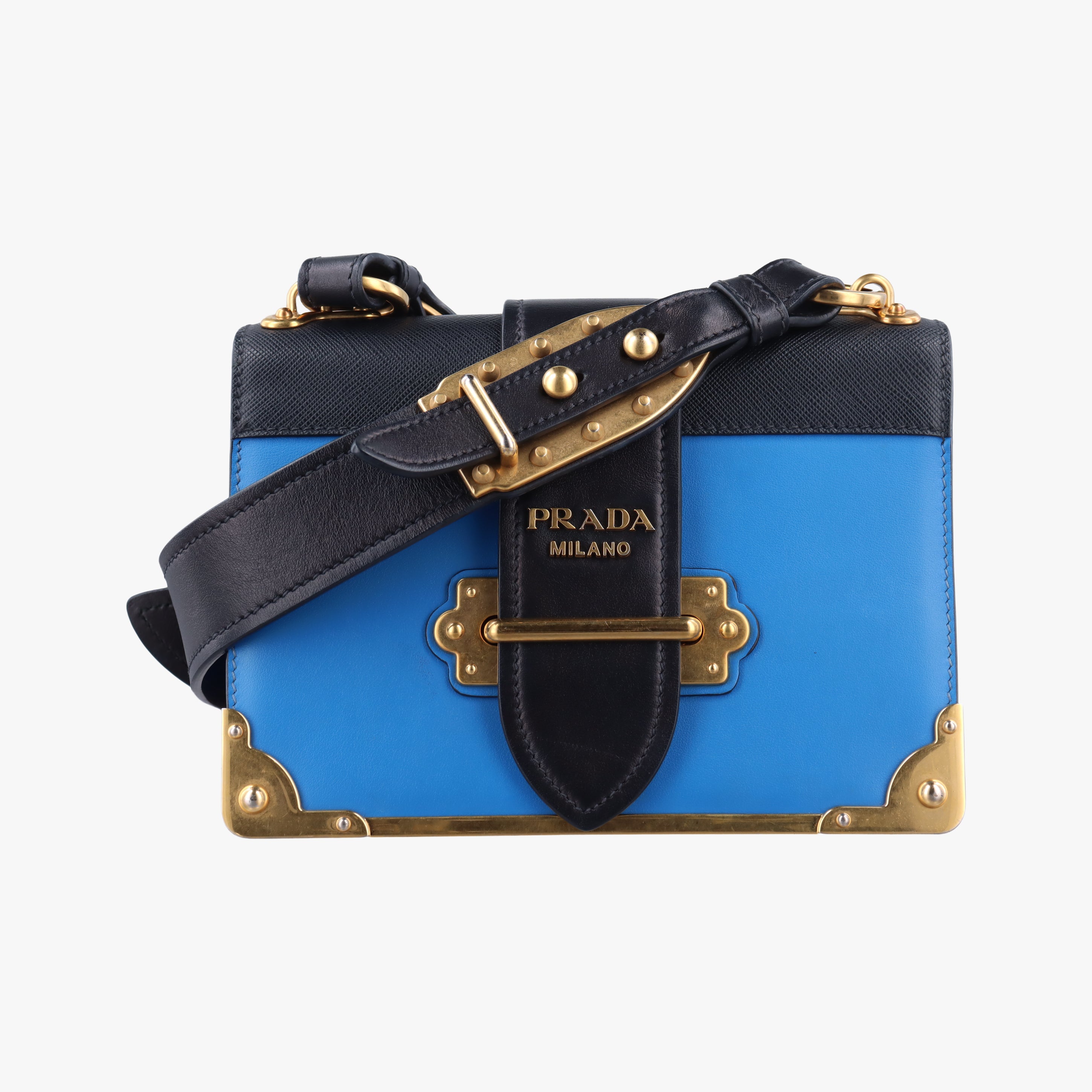 Pre-owned Prada Cahier Blue×Black Leather 1BD045 shoulderbag | stylenewstar