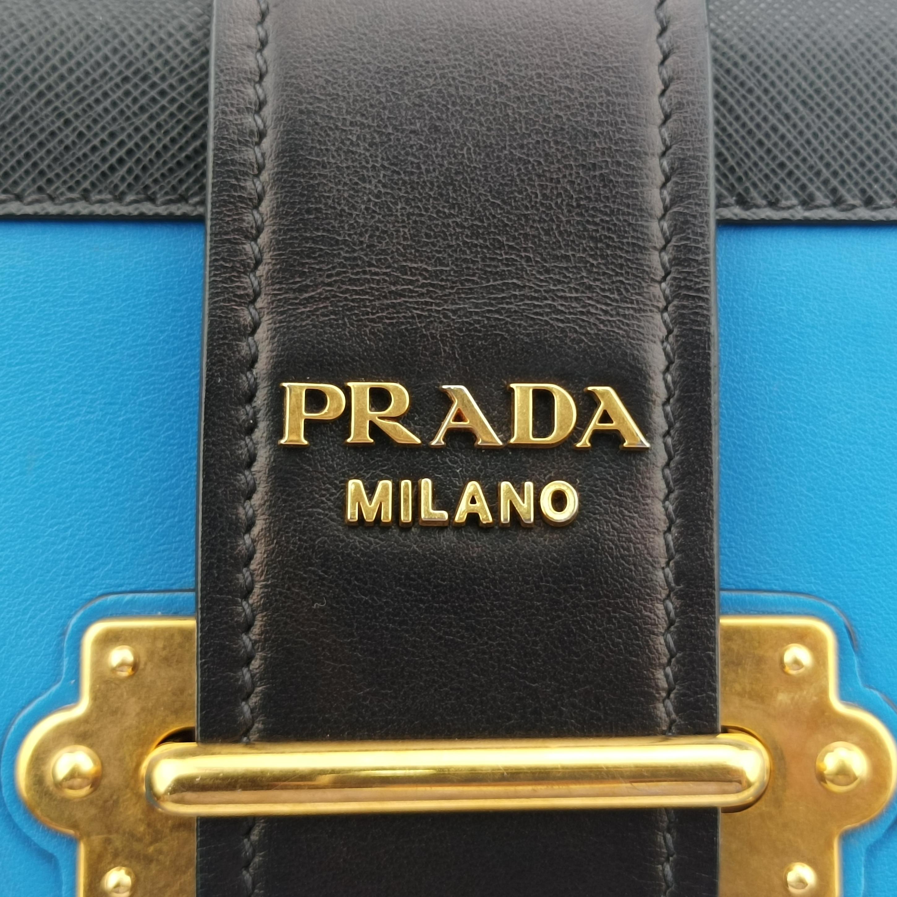 Pre-owned Prada Cahier Blue×Black Leather 1BD045 shoulderbag | stylenewstar