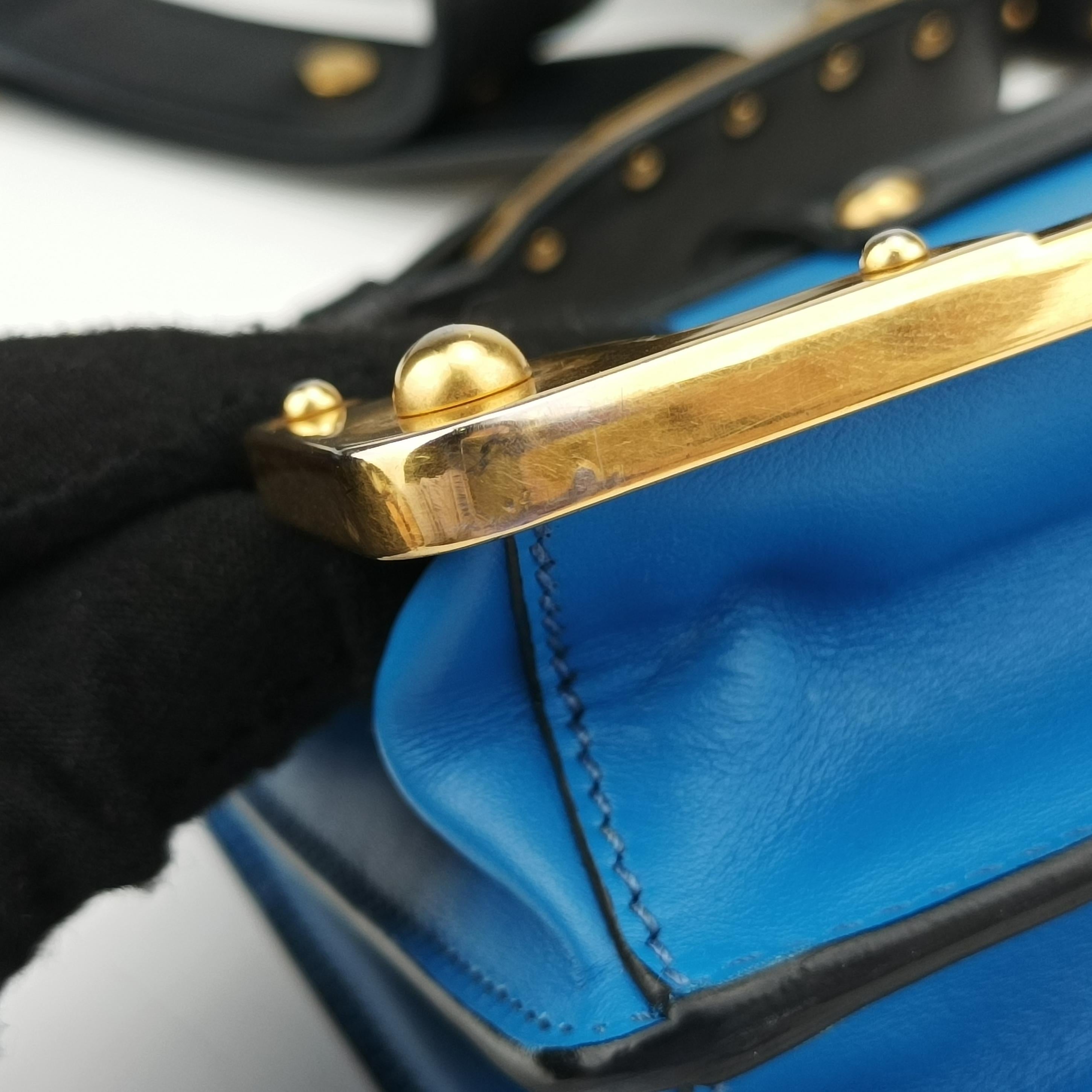 Pre-owned Prada Cahier Blue×Black Leather 1BD045 shoulderbag | stylenewstar