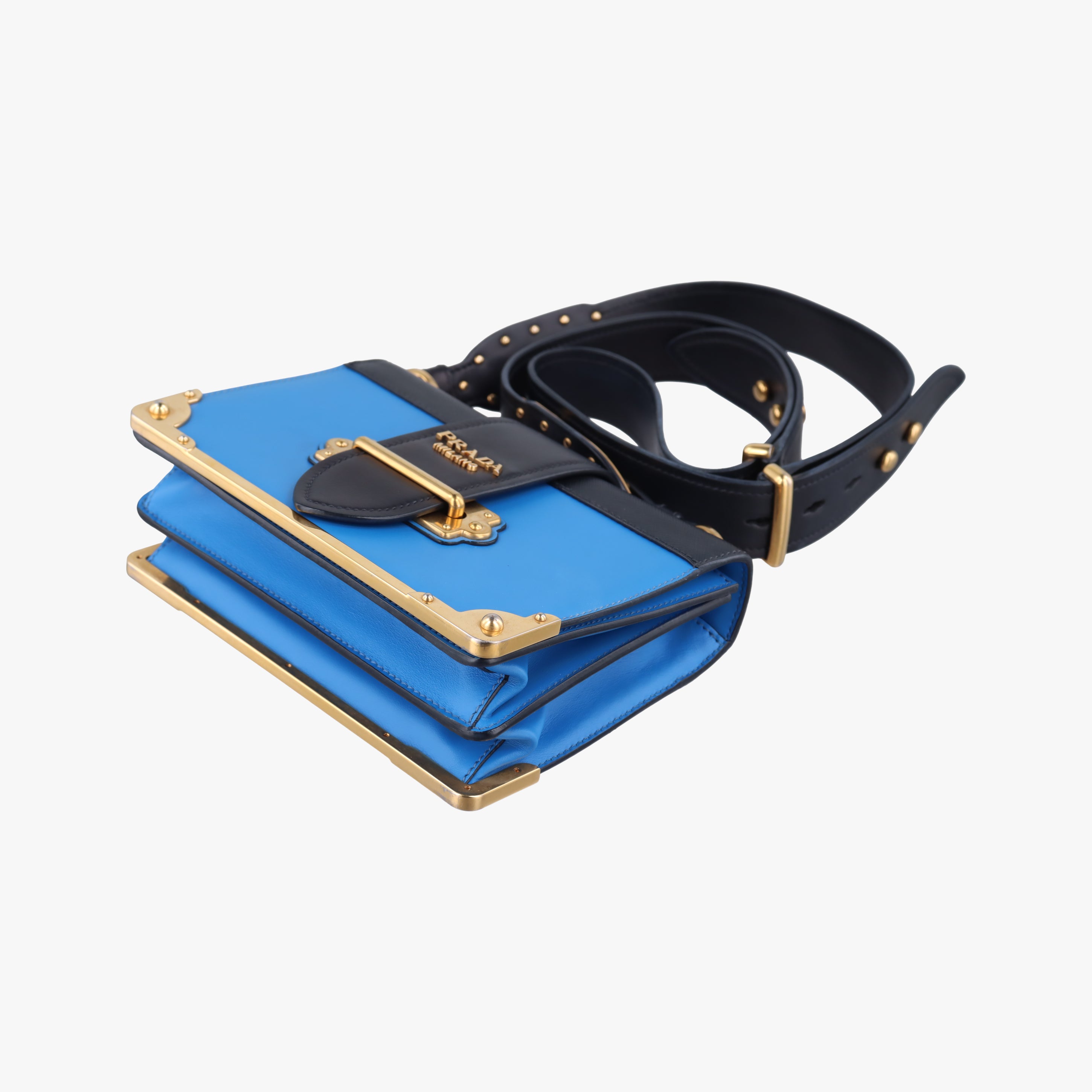 Pre-owned Prada Cahier Blue×Black Leather 1BD045 shoulderbag | stylenewstar