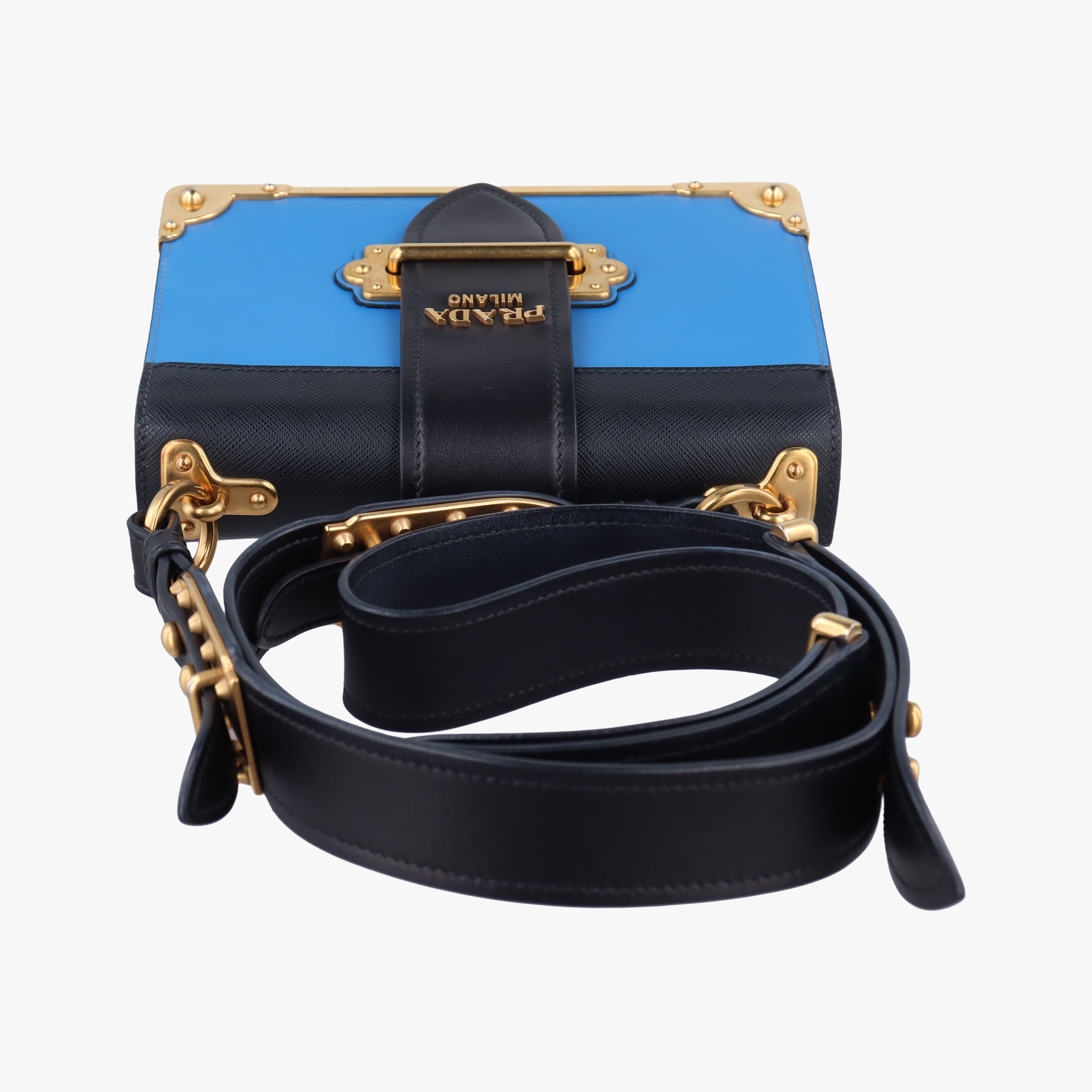 Pre-owned Prada Cahier Blue×Black Leather 1BD045 shoulderbag | stylenewstar