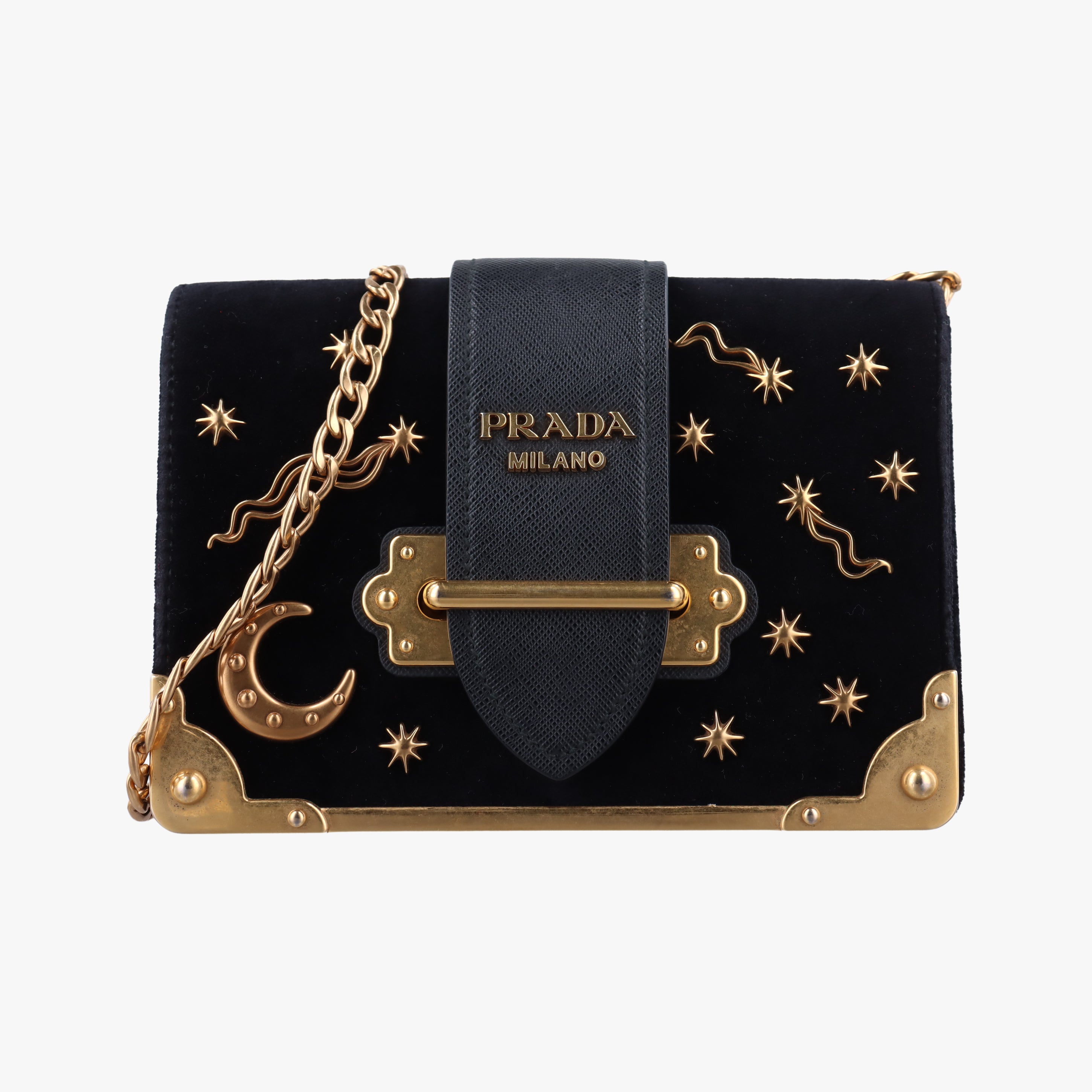 Pre-owned Prada Cahier Astrology Black Velour  shoulderbag | stylenewstar