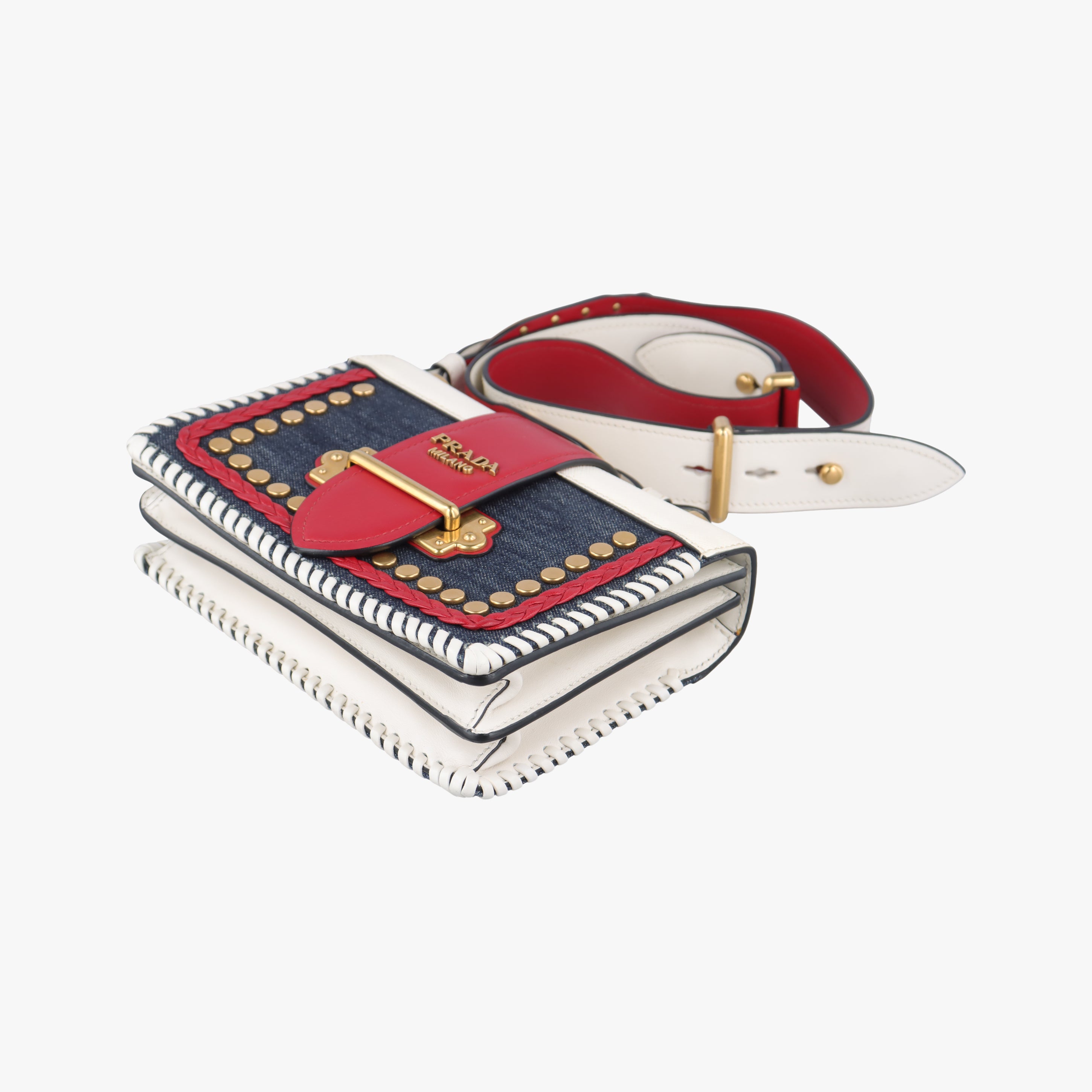 Pre-owned Prada Cahier  tassen Leder Multicolour Leather×Denim 1BD045 shoulderbag | stylenewstar