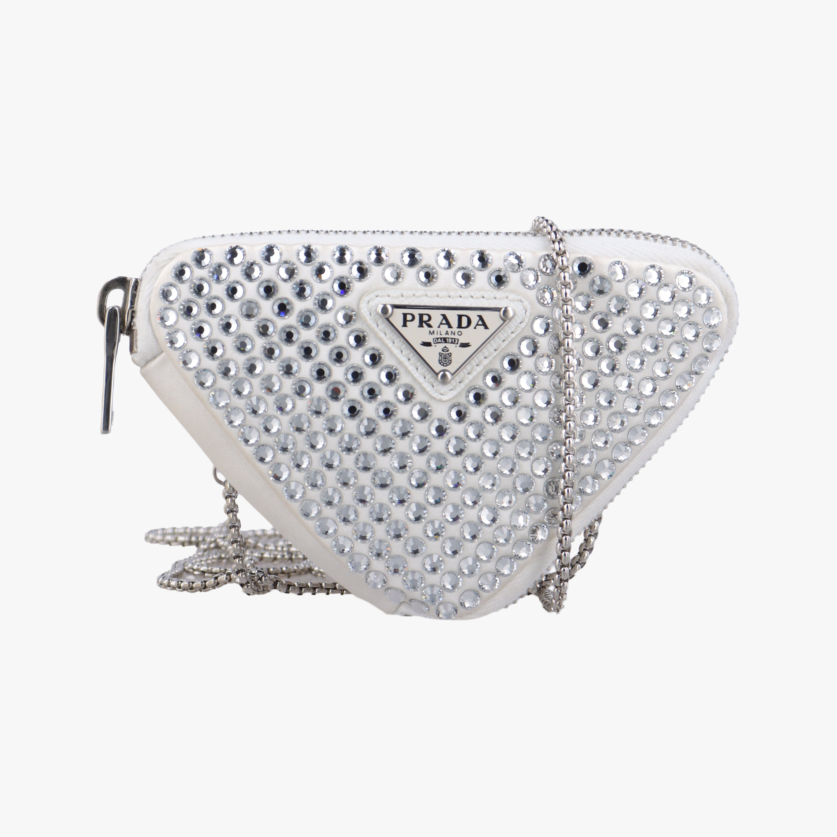 Pre-owned Prada Triangle Crystal White Leather 1NR015 shoulderbag | stylenewstar