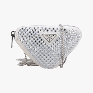 Pre-owned Prada Triangle Crystal White Leather 1NR015 shoulderbag | stylenewstar