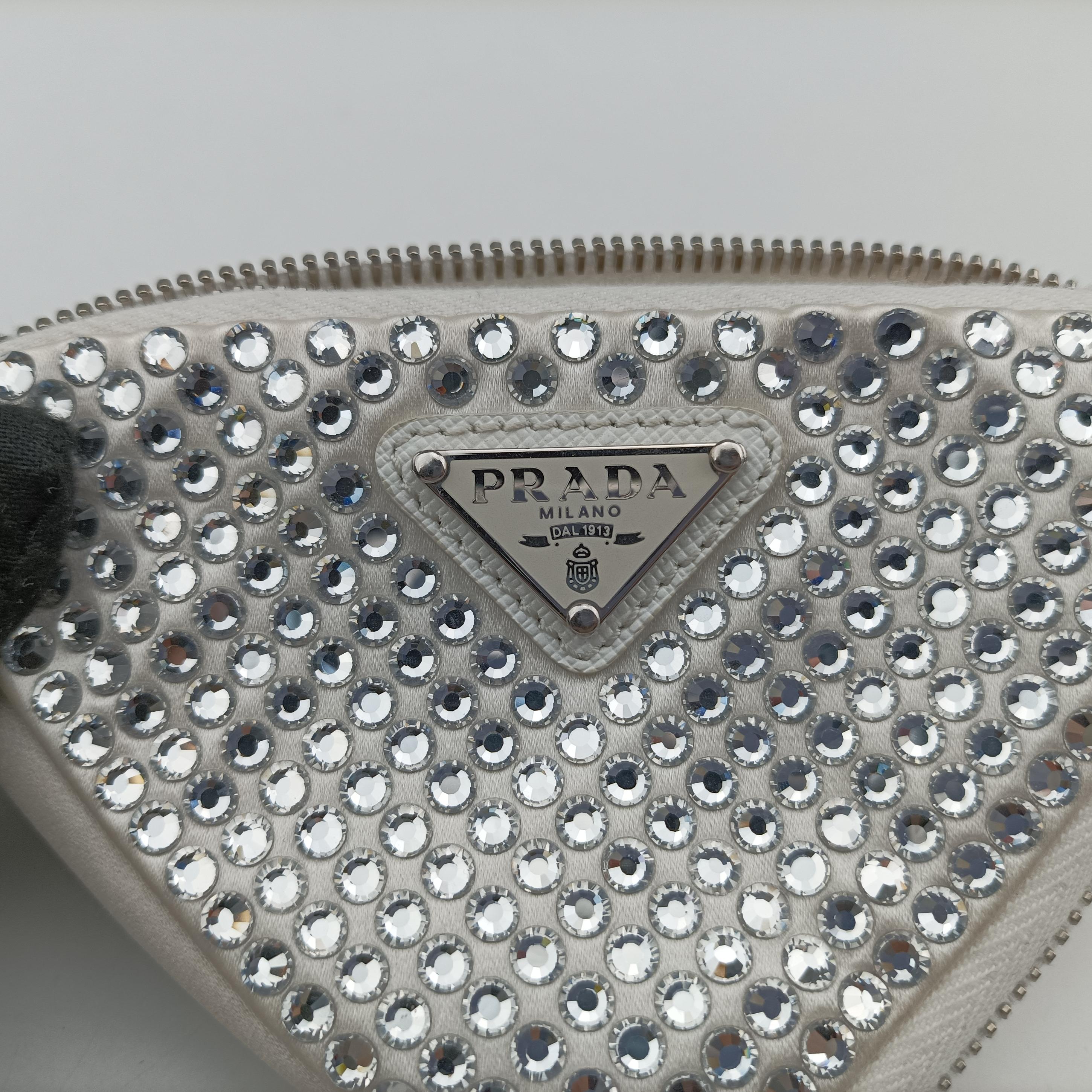 Pre-owned Prada Triangle Crystal White Leather 1NR015 shoulderbag | stylenewstar