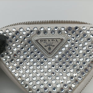 Pre-owned Prada Triangle Crystal White Leather 1NR015 shoulderbag | stylenewstar