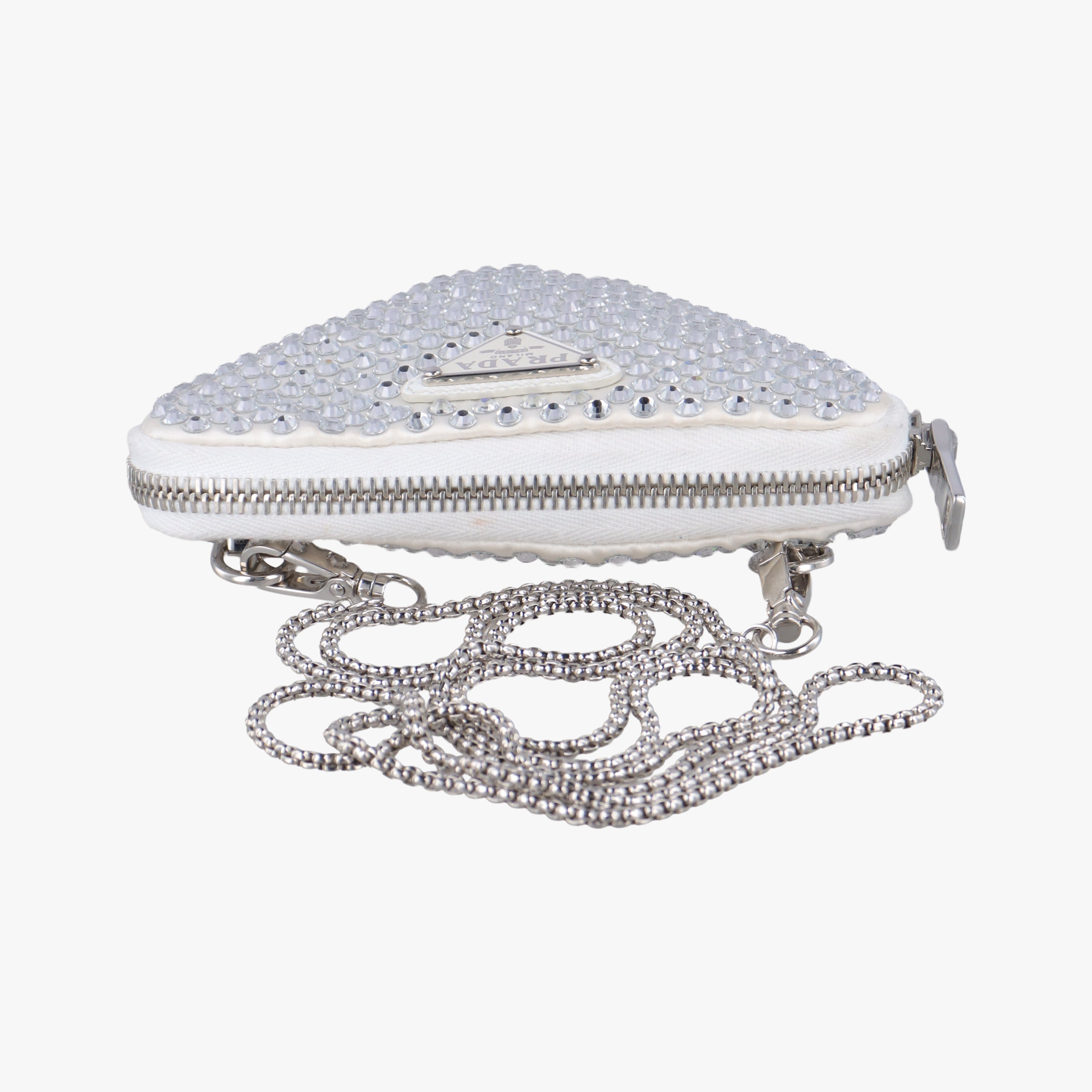 Pre-owned Prada Triangle Crystal White Leather 1NR015 shoulderbag | stylenewstar
